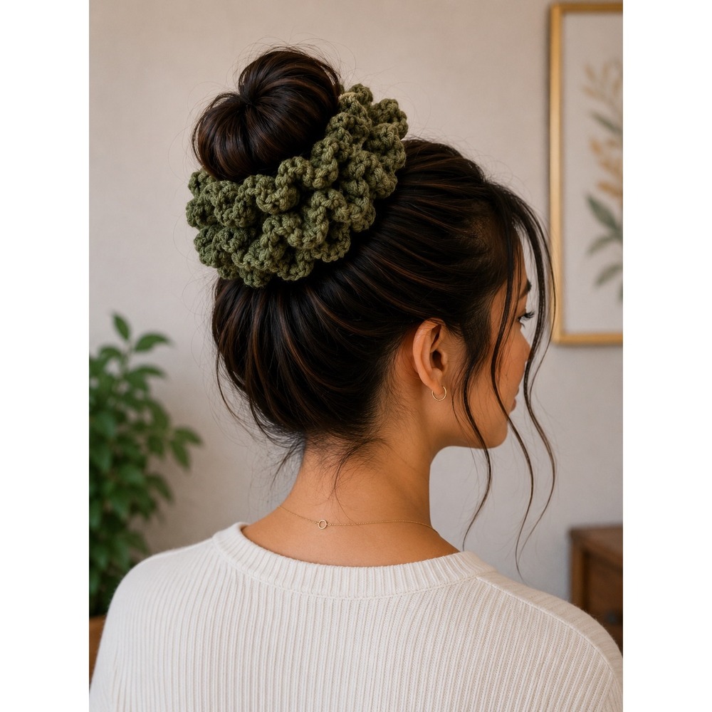 Handmade Crochet Hair Scrunchie Dark Olive Green Soft Ruffled Elastic Hair Tie